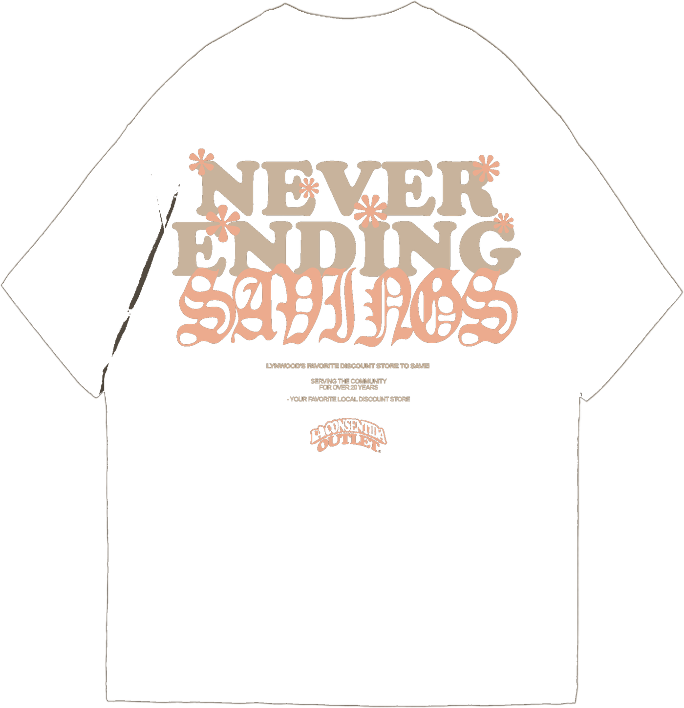 The real La Consentida Outlet screen print: Never Ending Savings in bold vintage type, with the shop's community tagline and logo