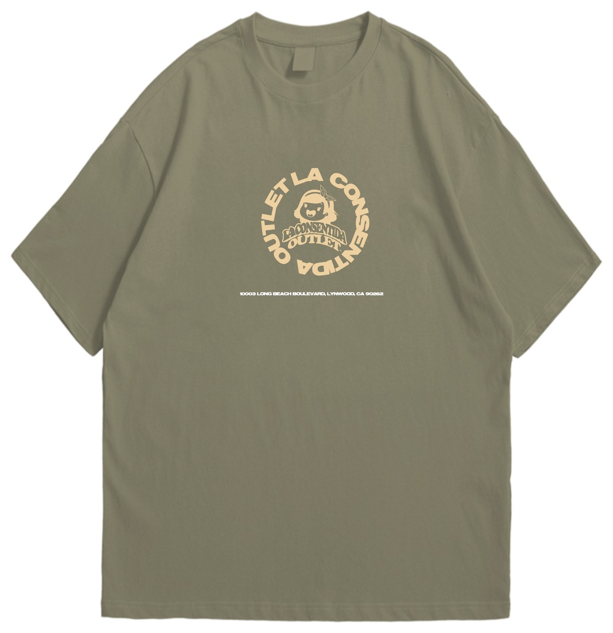 La Consentida Outlet Shop Here Tee, front, circular patch logo, olive green